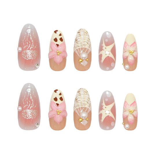 Tropical Paradise Dreamy Long Almond pink press on nail set with whimsical floral and pearl accents