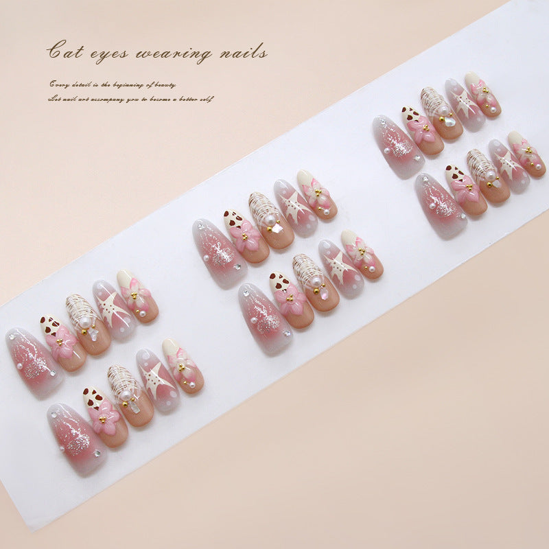Whimsical Beauty Long Almond Pink Gradient Press on Nail Set with Floral Accents and Glitter Details