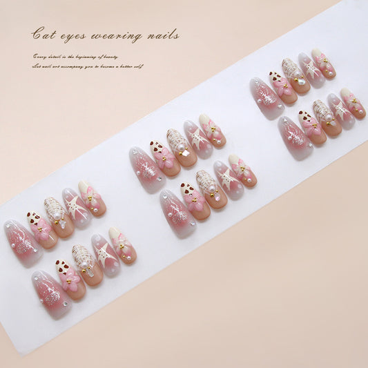 Whimsical Beauty Long Almond Pink Gradient Press on Nail Set with Floral Accents and Glitter Details