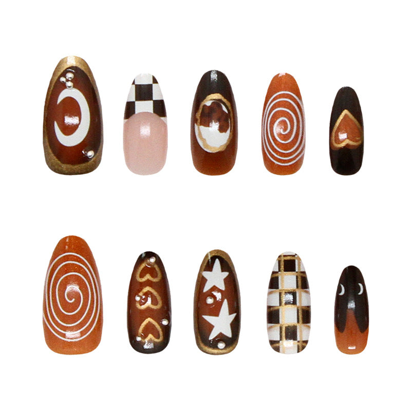 Autumn Whimsy Chic Long Almond Shaped Rusty Orange Press On Nail Set with Unique Artistic Designs