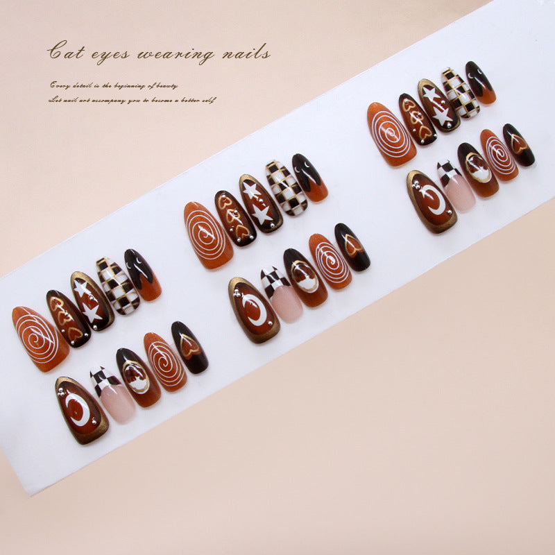 Mystical Cat Eyes Long Almond Brown and Black Swirl Press On Nail Set with Glittering Star Accents