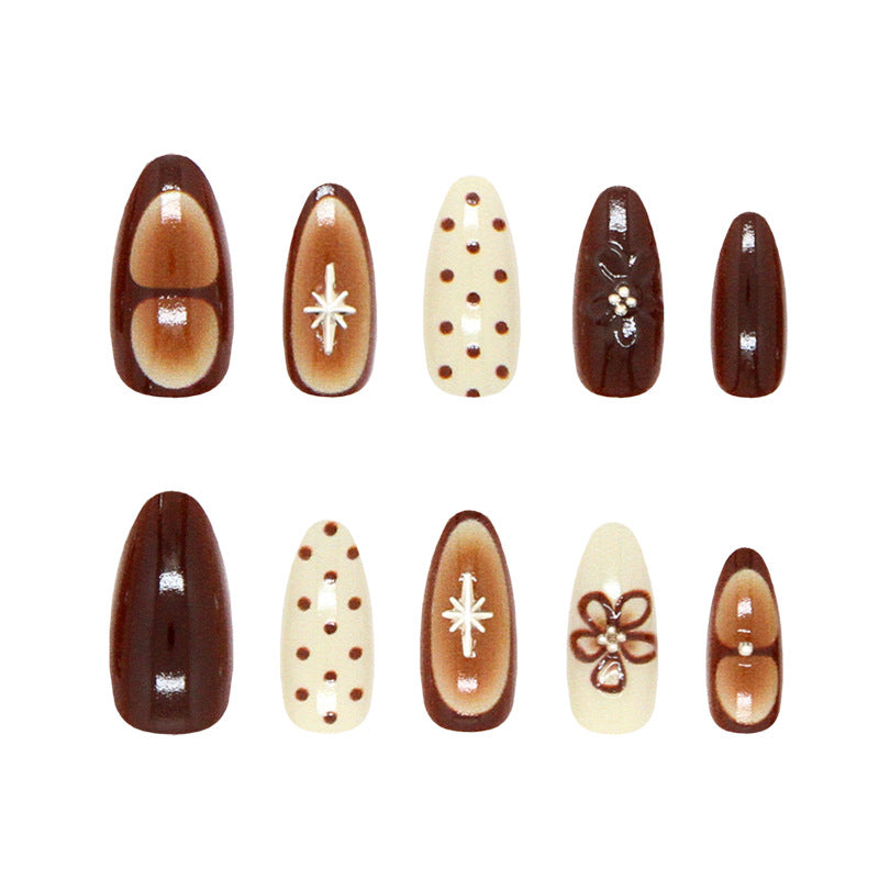 Chocolate Delight Long Almond and Coffeemilk Long Press-On Nail Set with Dainty Floral Accents