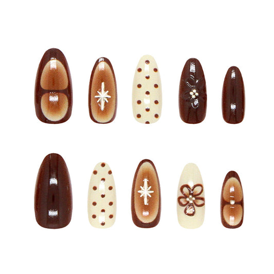 Chocolate Delight Long Almond and Coffeemilk Long Press-On Nail Set with Dainty Floral Accents