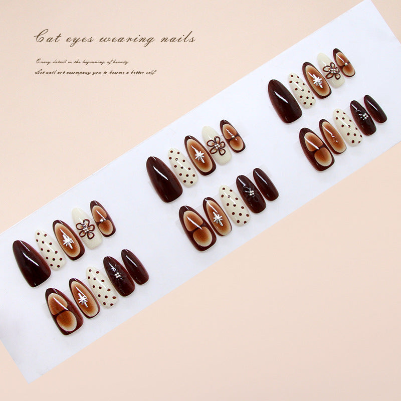 Elegant Cat Eyes Long Almond and Oval Brown and Cream Ombre Press On Nail Set with Floral Accent