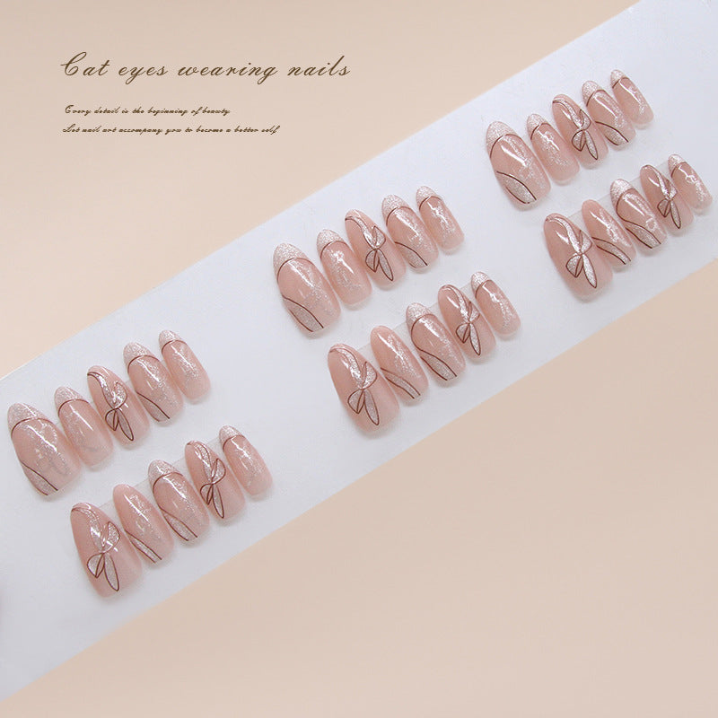 Enchanting Elegance Long Almond Pink with Shimmering Gold Floral Design Press On Nail Set