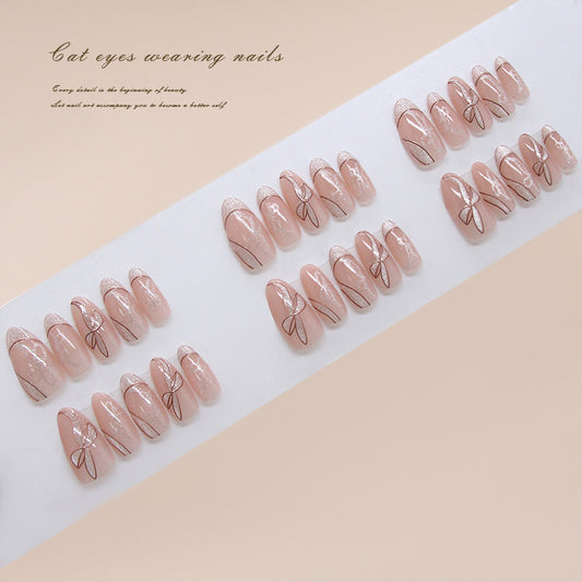 Enchanting Elegance Long Almond Pink with Shimmering Gold Floral Design Press On Nail Set
