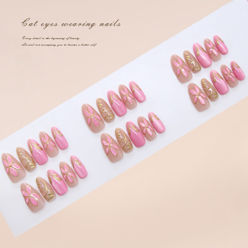 Charming Floral Pink Cat Eye Press-On Nail Set in Long Almond Shape with Elegant Flower Designs