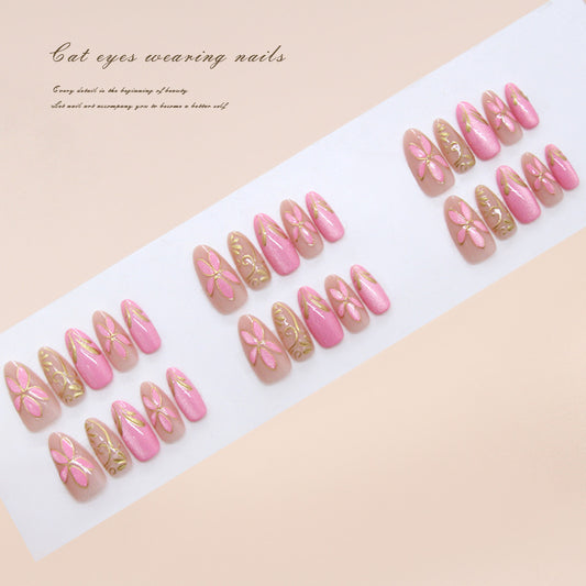 Charming Floral Pink Cat Eye Press-On Nail Set in Long Almond Shape with Elegant Flower Designs