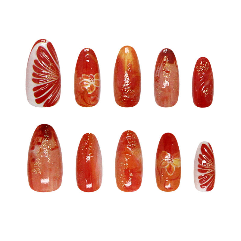Autumn Bliss Long Oval Red Press On Nail Set Featuring Elegant Floral Designs and Glitter Finish