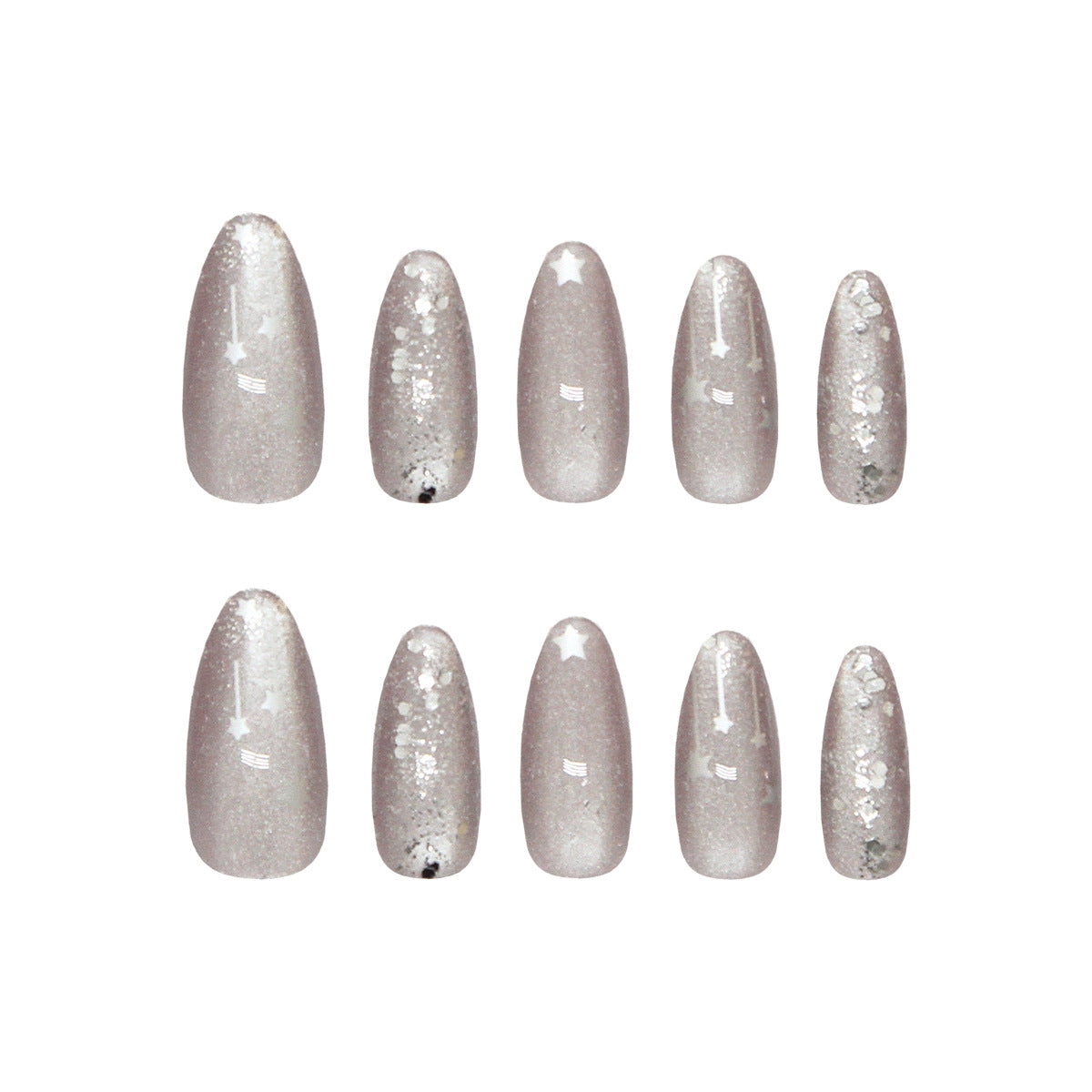 Celestial Dream Glitter Long Almond Shaped Silver Glow Press On Nail Set