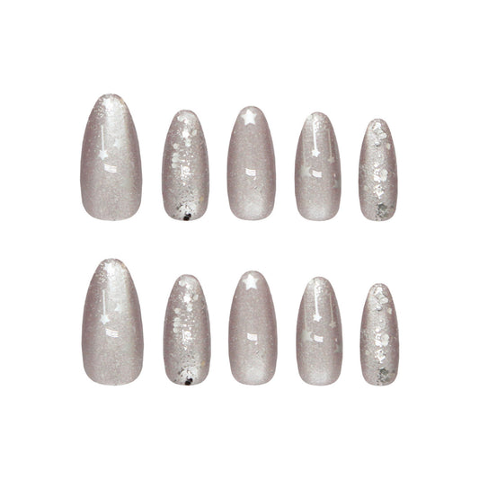 Celestial Dream Glitter Long Almond Shaped Silver Glow Press On Nail Set