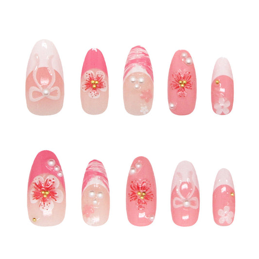Charming Blossom Collection Long Almond Pink Press On Nail Set with Floral and Pearl Accents