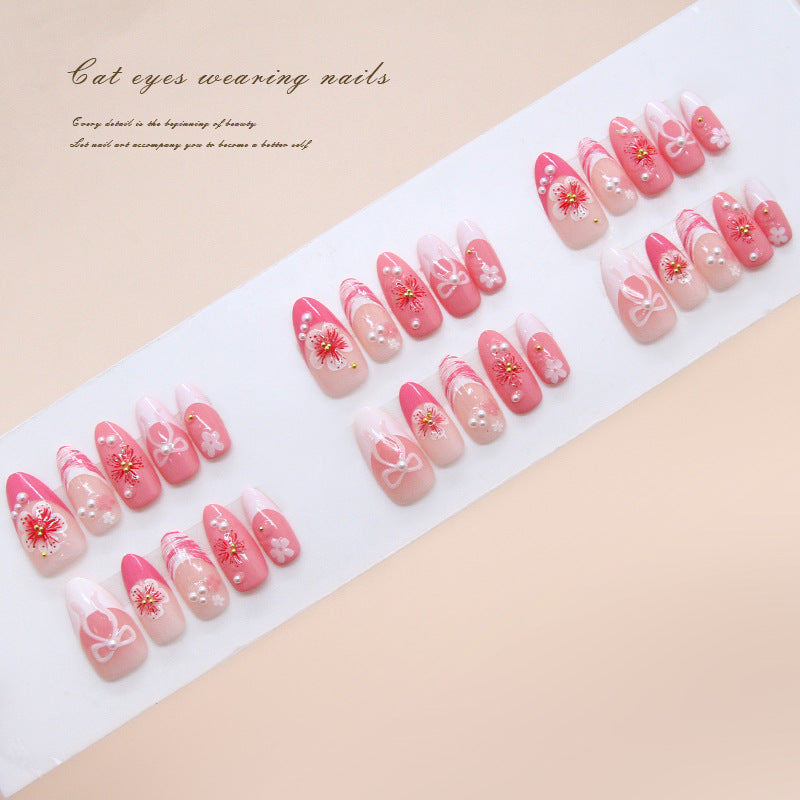 Charming Blossom Pink:Long Almond Shape Press-On Nail Set with Elegant Floral Accents