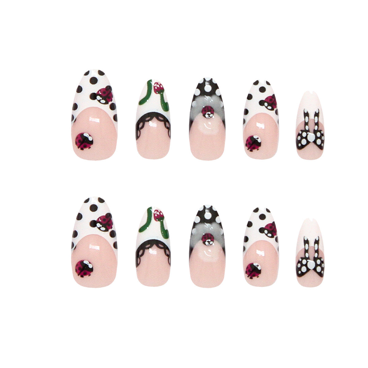Whimsical Garden Long Almond Soft Pink with Playful Floral and Polka Dot Designs Press On Nail Set