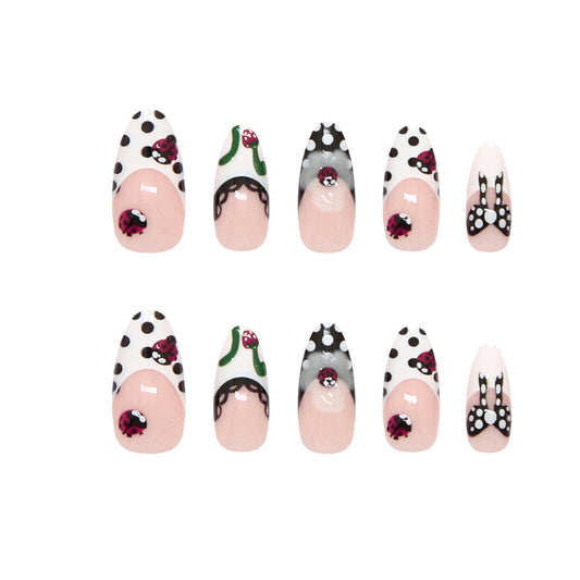 Whimsical Garden Long Almond Soft Pink with Playful Floral and Polka Dot Designs Press On Nail Set