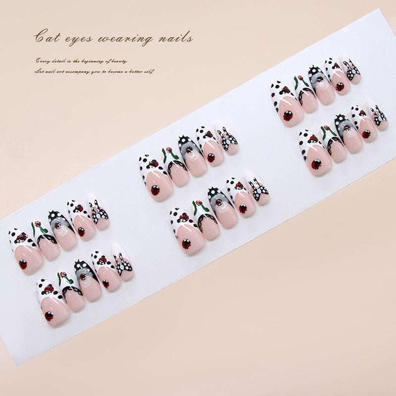 Whimsical Cat Eyes Unique Long Oval Pink and Black Floral Pattern Press-On Nail Set
