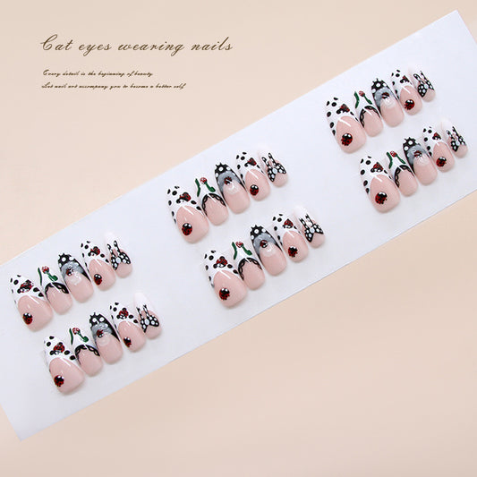 Whimsical Cat Eyes Unique Long Oval Pink and Black Floral Pattern Press-On Nail Set