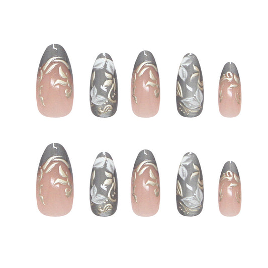 Elegant Floral Harmony Long Oval Shaped Soft Pink and Chic Gray with Stunning Gold Leaf Accents Press-On Nail Set