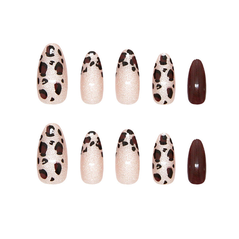Wild Safari Long Oval Shaped Beige and Brown Leopard Print Press on Nail Set with Sparkling Finish