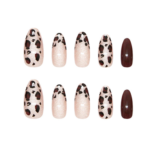 Wild Safari Long Oval Shaped Beige and Brown Leopard Print Press on Nail Set with Sparkling Finish