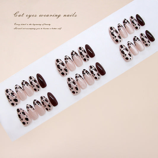 Cat Eyes Fashion Long Oval Burgundy and Pink Glossy Press-On Nail Set with Unique Leopard Print Design