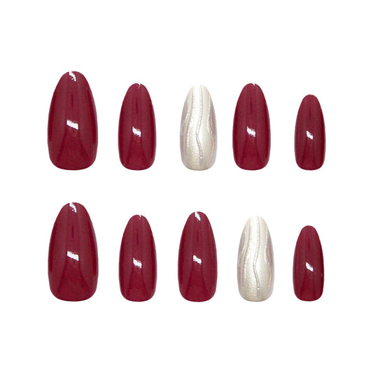 Rustic Elegance Long Almond Shaped Deep Red and Elegant White Marble Design Press-On Nail Set