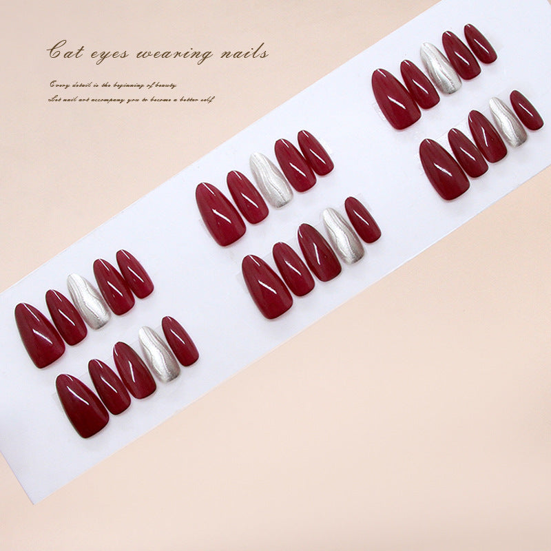 Glamorous Cat Eye Long Almond Shaped Burgundy and Silver Ombré Press-On Nail Set