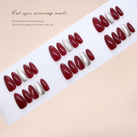 Glamorous Cat Eye Long Almond Shaped Burgundy and Silver Ombré Press-On Nail Set