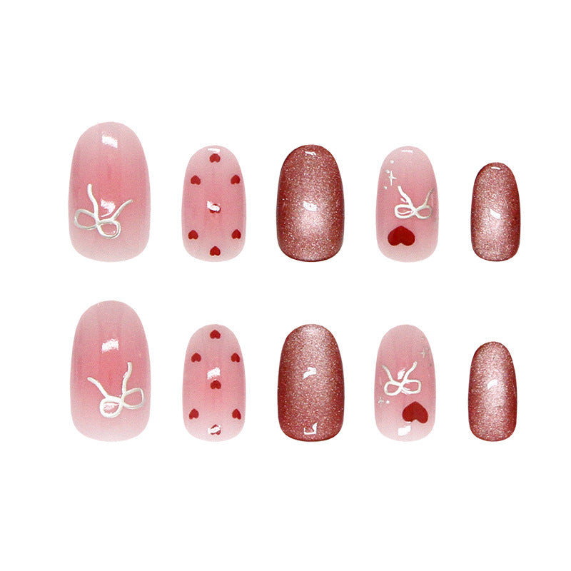 Romantic Bliss Short Oval Soft Pink with Glitter Hearts and Whimsical Drawings Press On Nail Set