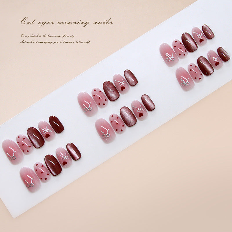 Charming Cat Eyes Press on Nail Set Short Oval Pink and Burgundy with Delicate Heart and Bow Designs