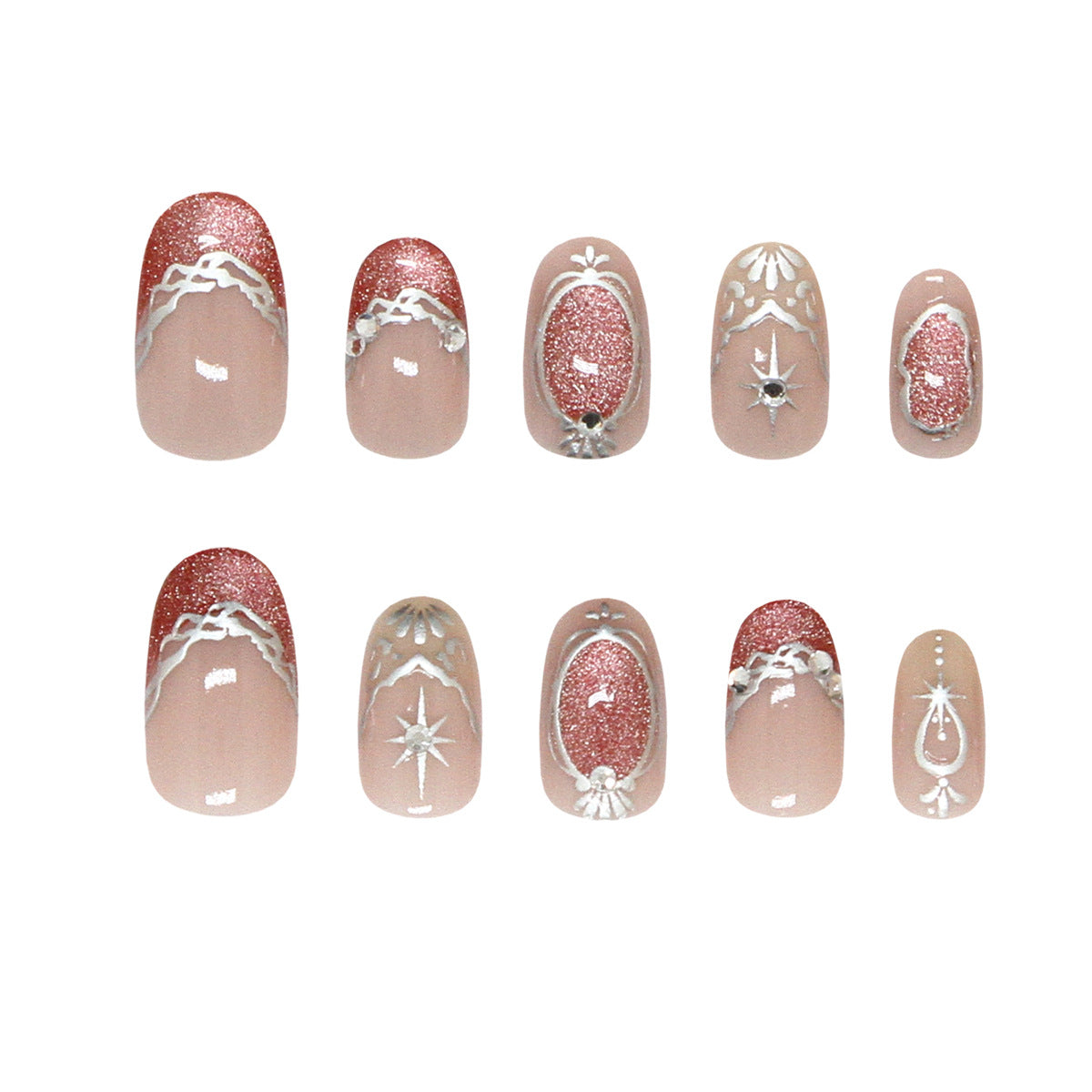Enchanted Elegance Short Oval Blush Pink with Sparkling Silver Detailing Press on Nail Set
