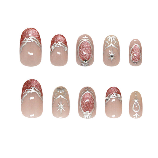 Enchanted Elegance Short Oval Blush Pink with Sparkling Silver Detailing Press on Nail Set