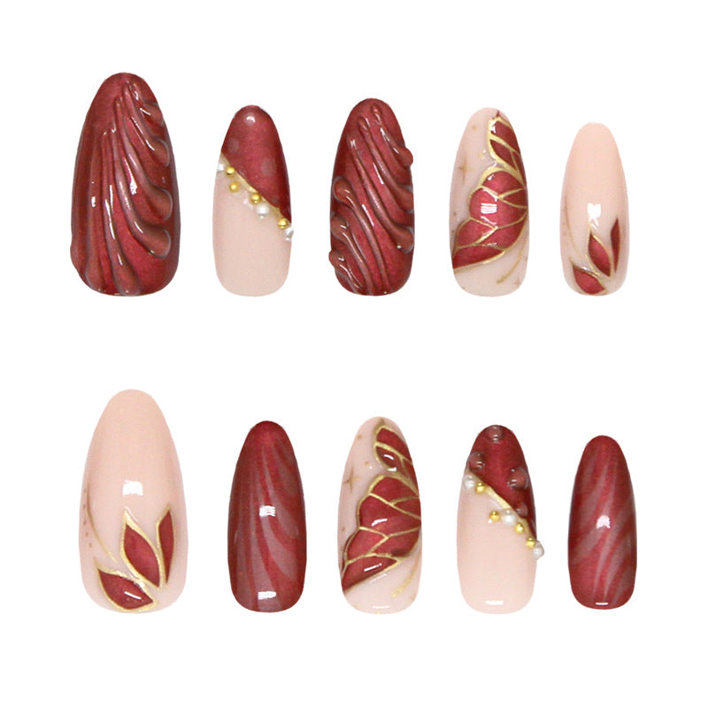 Elegant Autumn Vibes Long Almond Red with Intricate Gold Accents Press On Nail Set