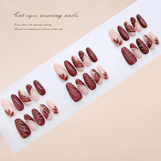 Enchanted Autumn Charm Long Almond Burgundy and Blush Press on Nail Set with Glittering Leaf Accents