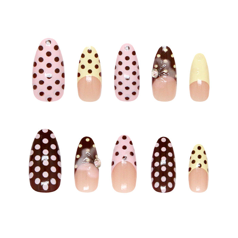 Chic Dessert Delight Long Almond Shaped Pink Brown and Yellow Polka Dot Press On Nail Set with Sparkling Accents