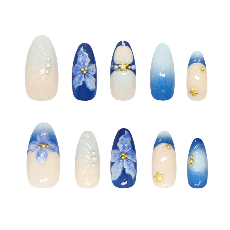 Elegant Floral Fantasy Long Almond Blue and Cream Press On Nail Set with Pearls and Gold Accents