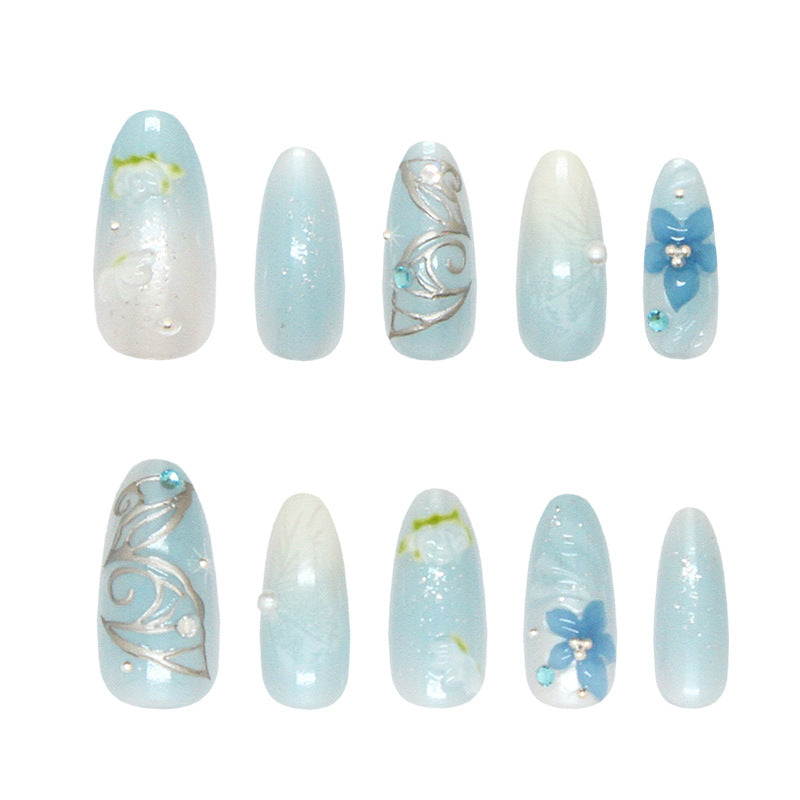 Whimsical Floral Dreams Long Almond Light Blue Press on Nail Set with Dazzling Gem Accents