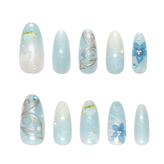 Whimsical Floral Dreams Long Almond Light Blue Press on Nail Set with Dazzling Gem Accents