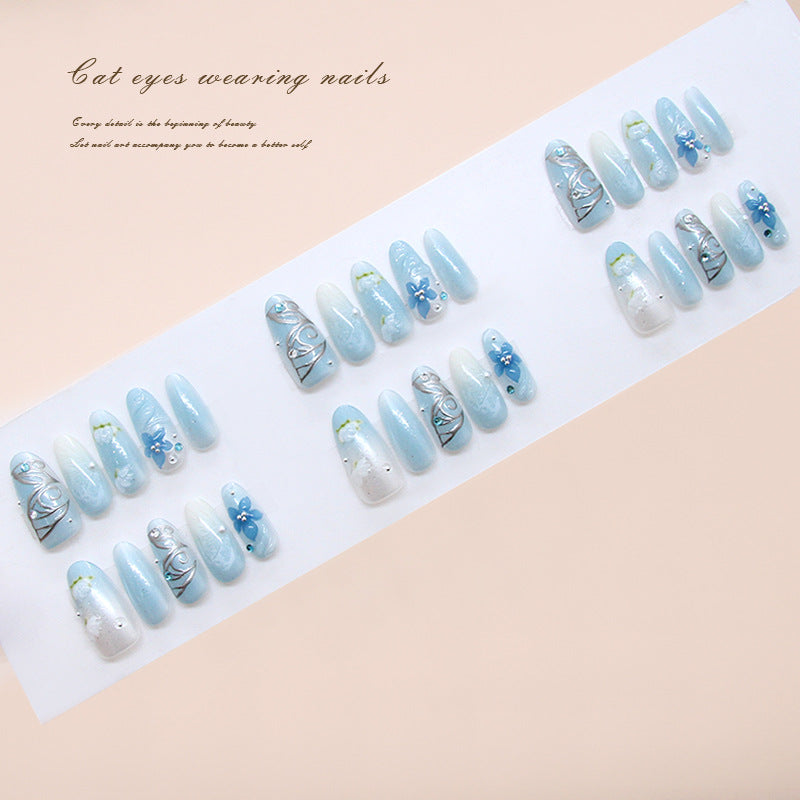 Whimsical Ocean Bliss Long Almond Blue with Floral Design Press-On Nail Set