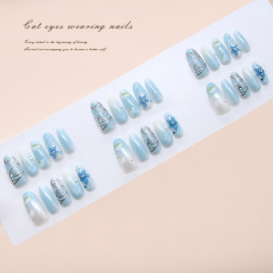 Whimsical Ocean Bliss Long Almond Blue with Floral Design Press-On Nail Set