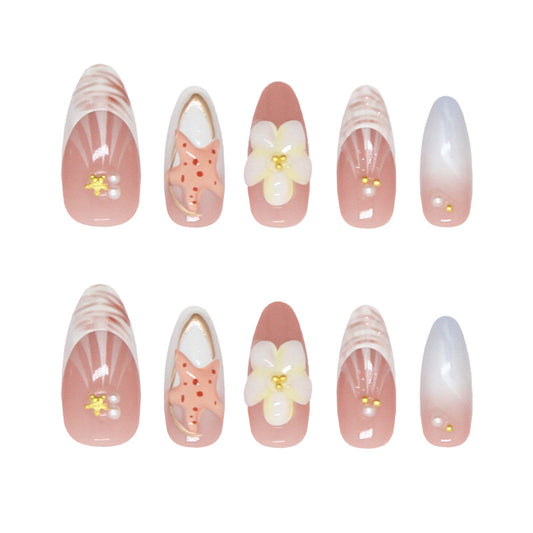 Ocean Breeze Elegance Long Almond Pink Gradient Nails with Floral and Starfish Accents