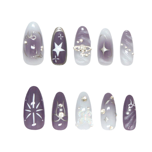 Celestial Elegance Long Almond Ombre Purple Nail Set with Iridescent Accents