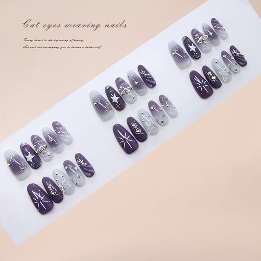 Cosmic Elegance Long Almond Purple Gradient Press On Nail Set with Starry Design and Gemstone Accents