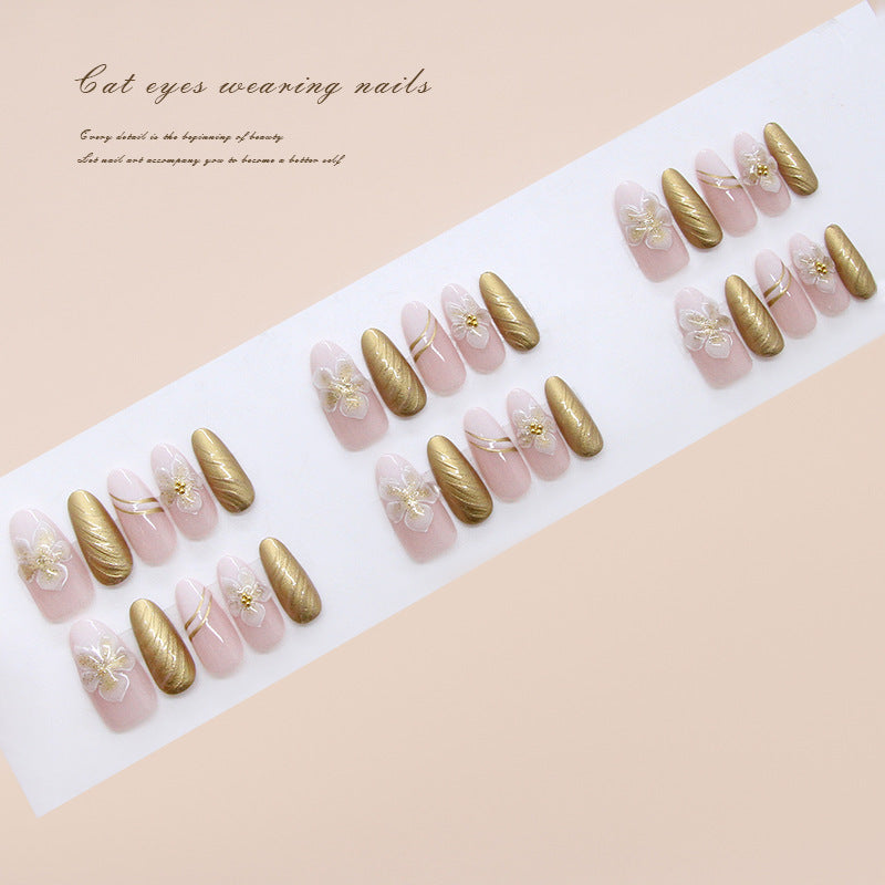 Whimsical Elegance Long Oval Light Pink and Gold Cat Eye Design Press on Nail Set