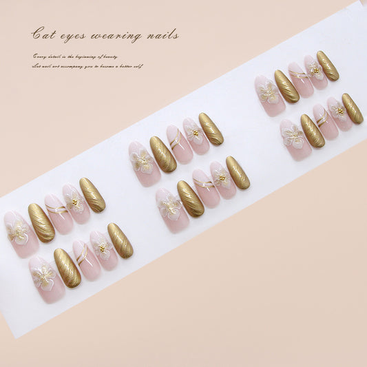 Whimsical Elegance Long Oval Light Pink and Gold Cat Eye Design Press on Nail Set
