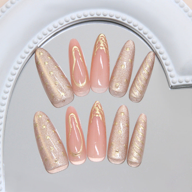Glamorous Chic Long Almond Shaped Blush Pink Press On Nail Set with Golden Swirl Accents