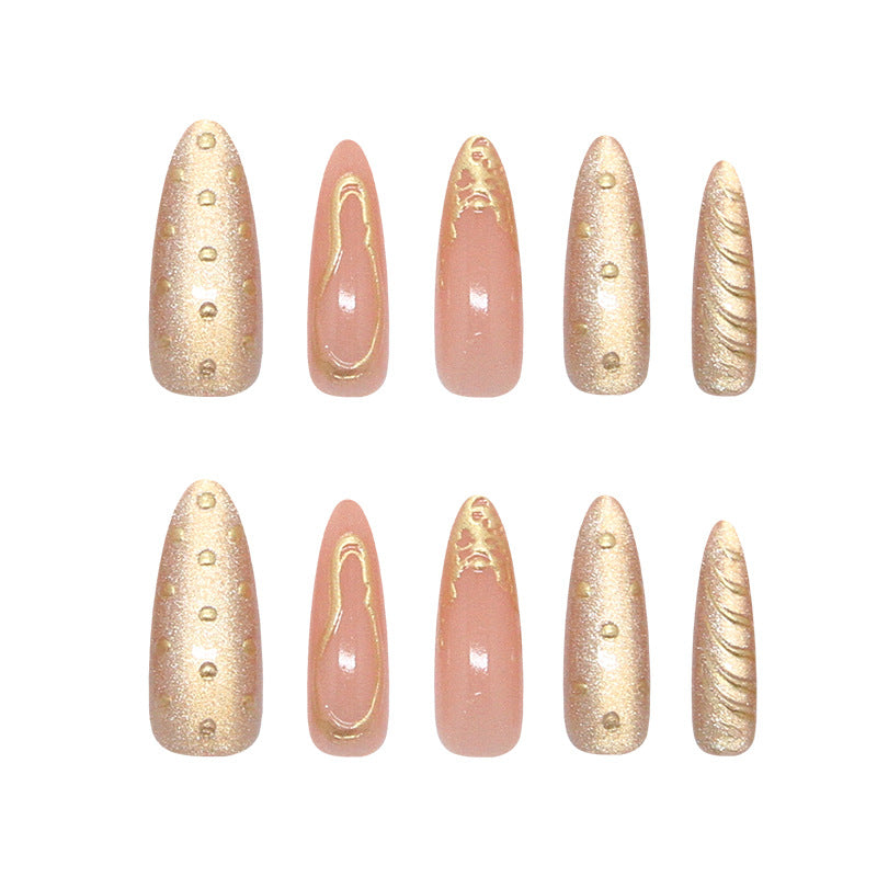 Glamorous Elegance Long Almond Pink and Gold Glittery Press on Nail Set with Unique Textured Accents