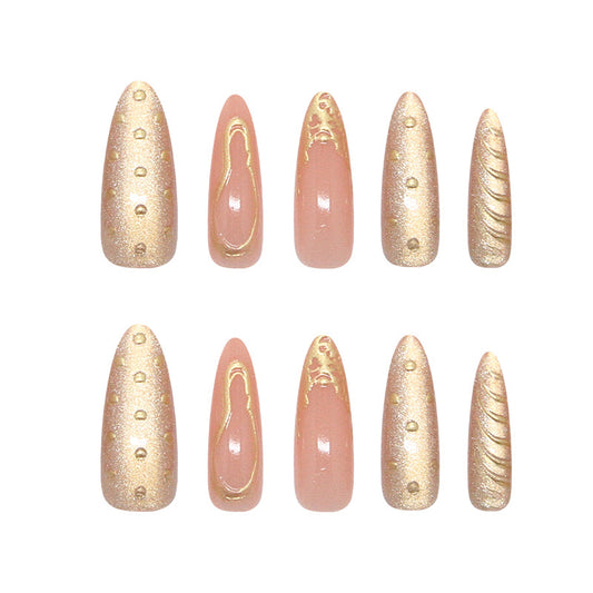 Glamorous Elegance Long Almond Pink and Gold Glittery Press on Nail Set with Unique Textured Accents