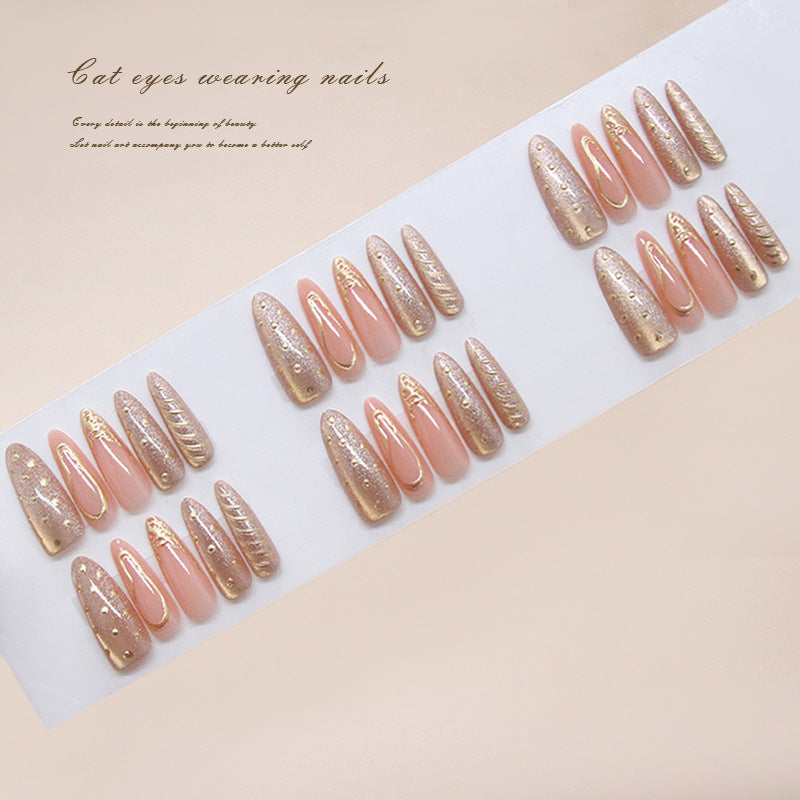 Enchanting Elegance Long Almond Pink with Shimmering Gold Accents Press On Nail Set