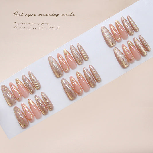Enchanting Elegance Long Almond Pink with Shimmering Gold Accents Press On Nail Set